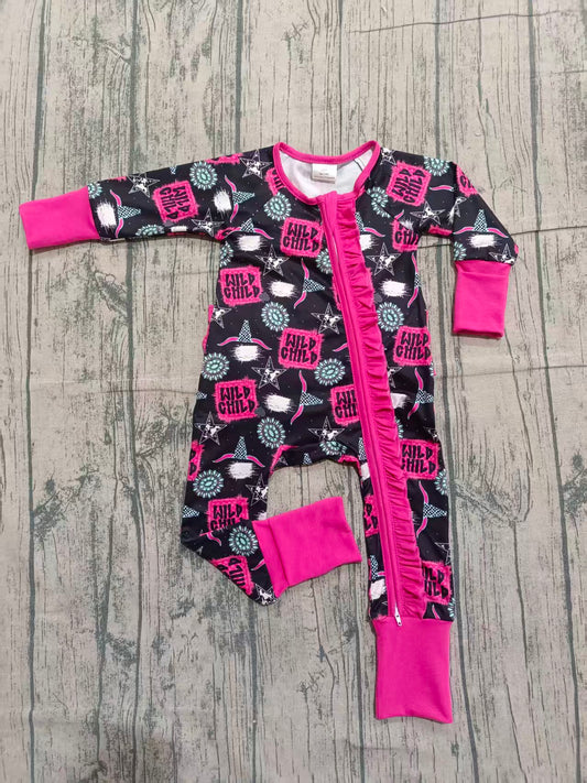 NO MOQ preorder LR2962 Wild Child Gemstone Star Alpine Bull Head Rose Red  Ruffle Black Zip Long-Sleeved Girls Romper 202512