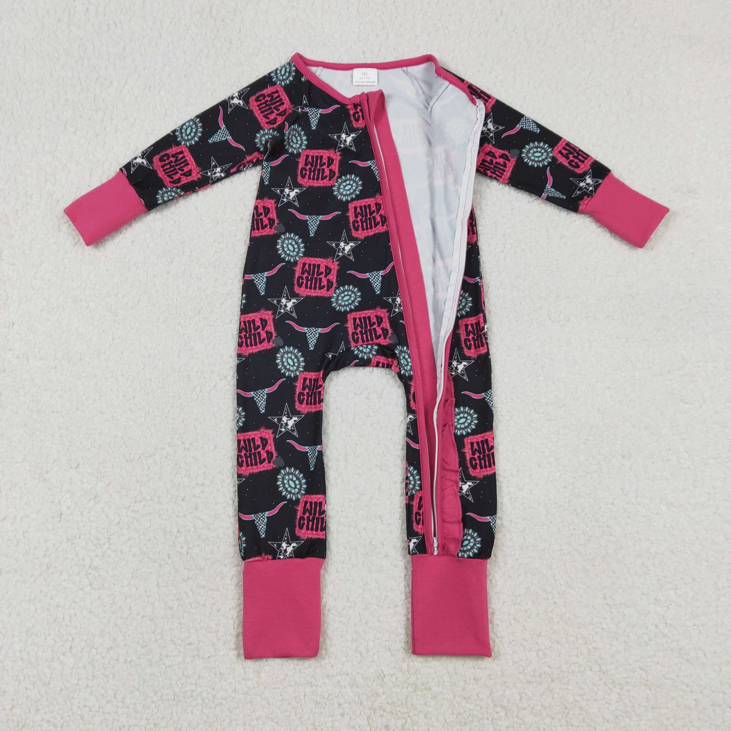 LR2962 Wild Child Gemstone Star Alpine Bull Head Rose Red  Ruffle Black Zip Long-Sleeved Girls Romper 202512 RTS