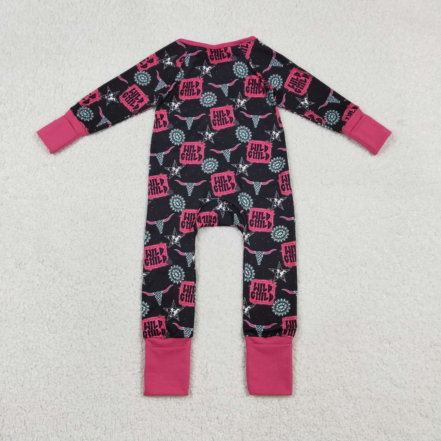 LR2962 Wild Child Gemstone Star Alpine Bull Head Rose Red  Ruffle Black Zip Long-Sleeved Girls Romper 202512 RTS