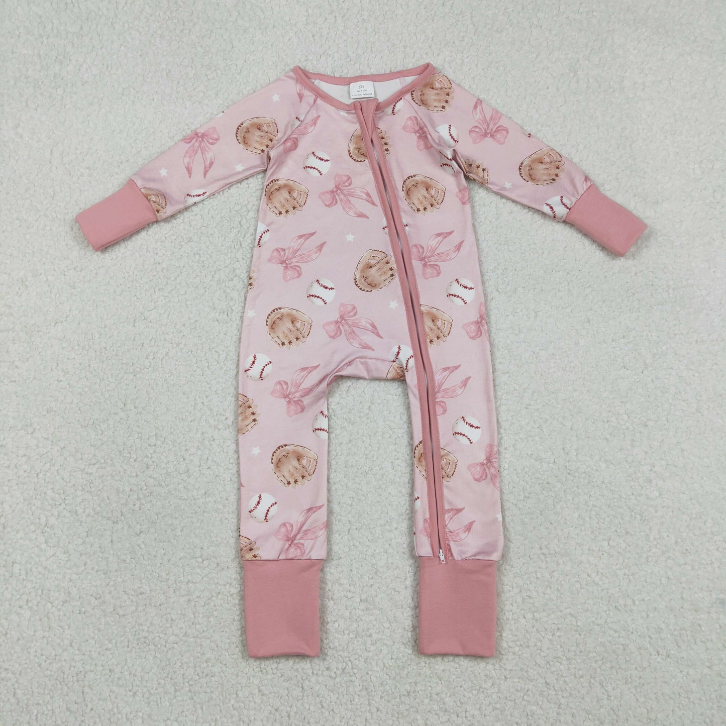 LR2967 Baseball Bows Pink Zip Long-Sleeved Girls Romper 202601 RTS