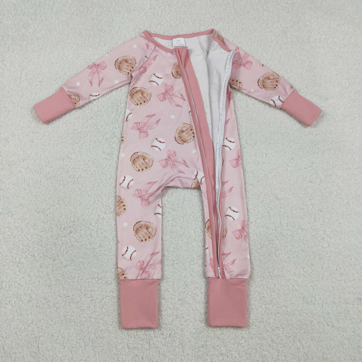 LR2967 Baseball Bows Pink Zip Long-Sleeved Girls Romper 202601 RTS