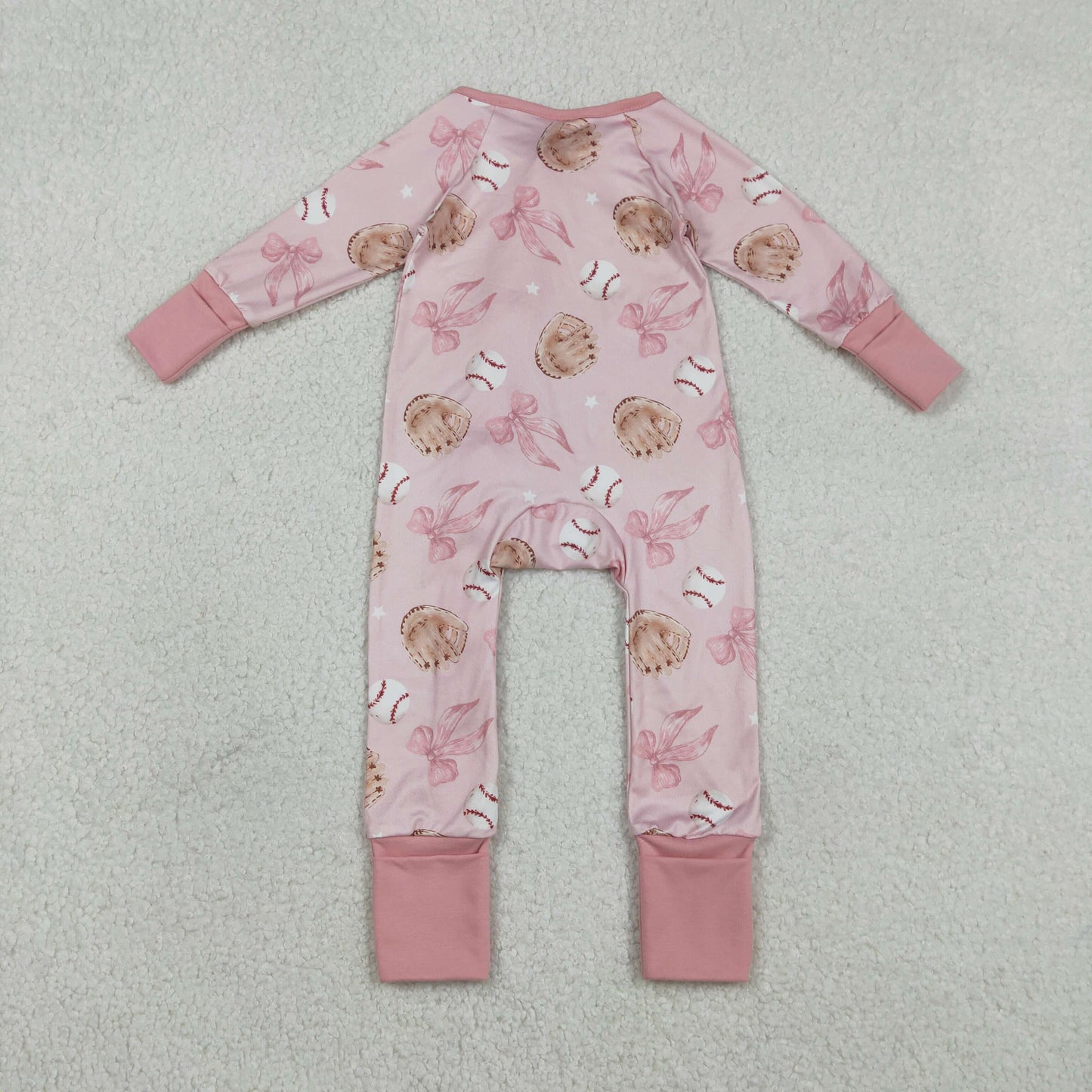 LR2967 Baseball Bows Pink Zip Long-Sleeved Girls Romper 202601 RTS
