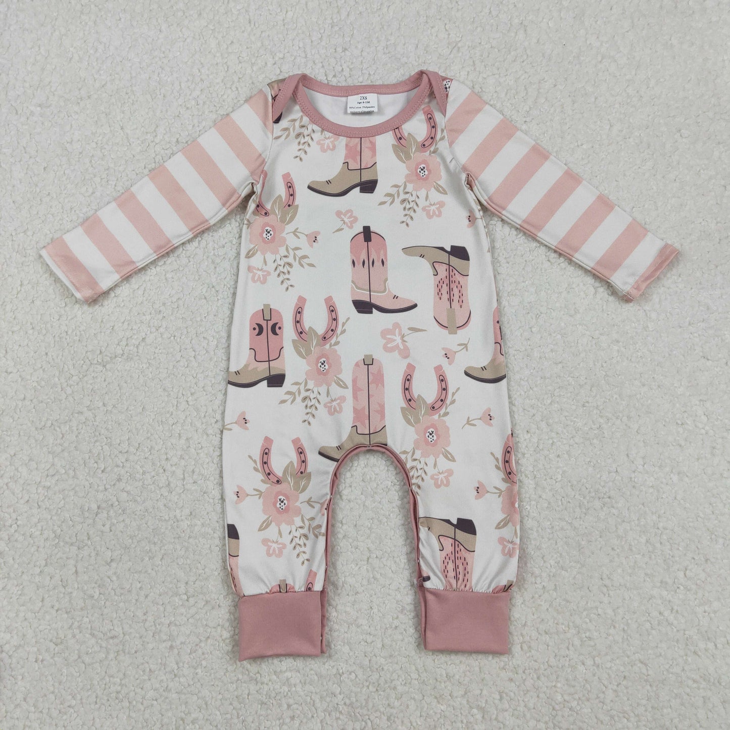 LR2976 Flower Boots Pink Stripe Long-Sleeved Girls Romper 202601 RTS
