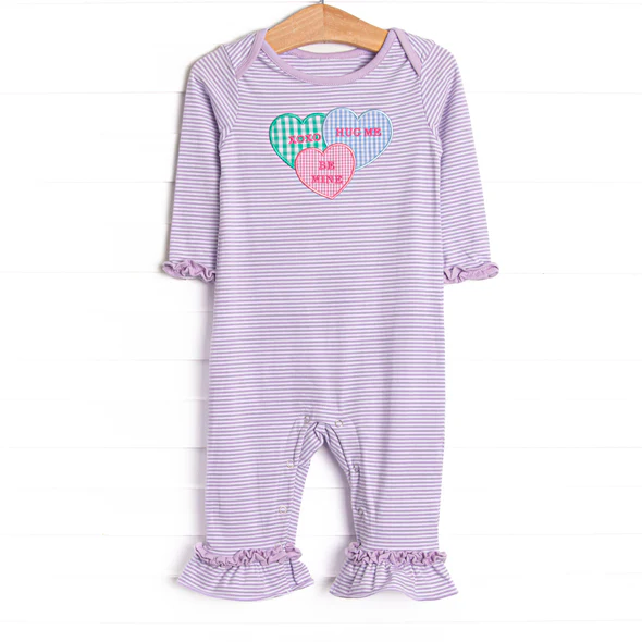 MOQ 5 PCS preorder LR2978 Valentines Day Love Purple Stripe Ruffle Long-Sleeved Girls Romper 202512