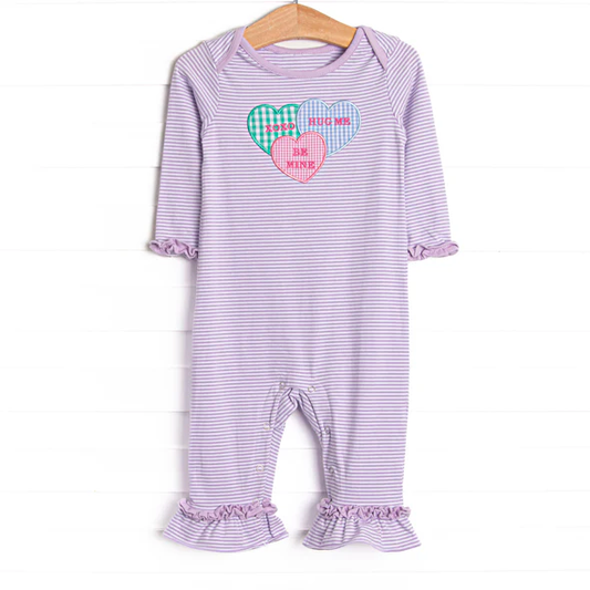 MOQ 5 PCS preorder LR2978 Valentines Day Love Purple Stripe Ruffle Long-Sleeved Girls Romper 202512