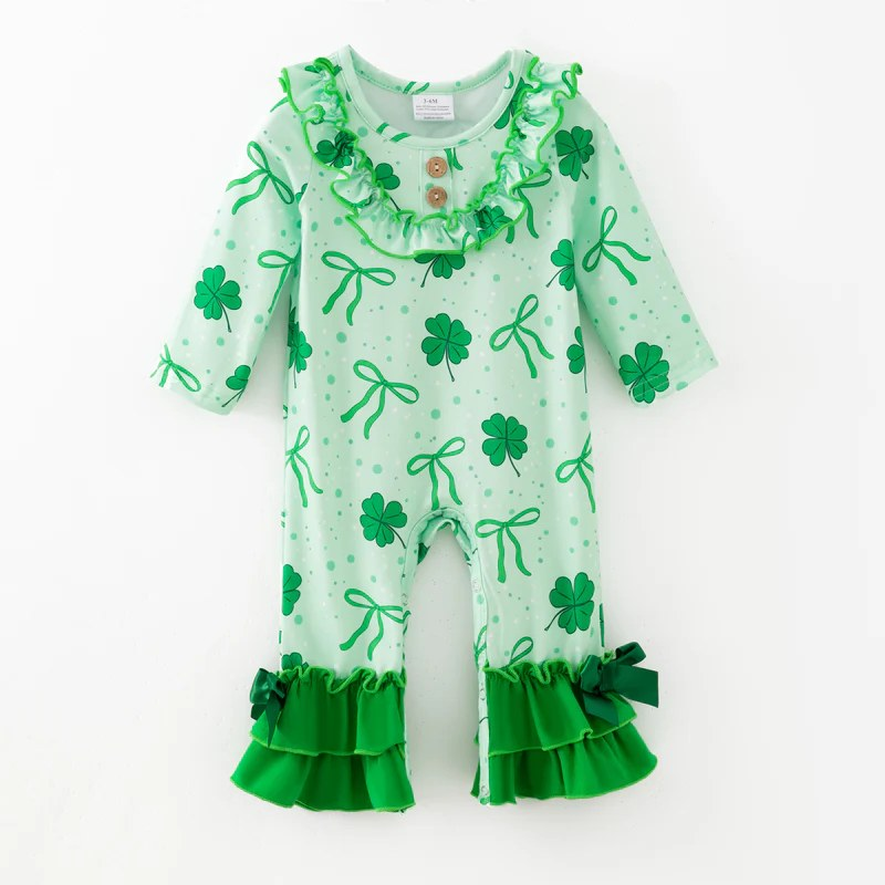 MOQ 5 PCS preorder LR2979 St Patrick's Day Bows Four-Leaf Clover Ruffle Green Long-Sleeved Girls Romper 202512