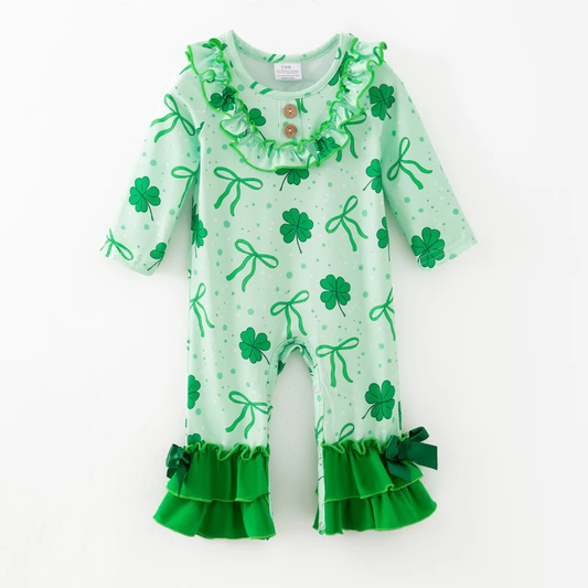 MOQ 5 PCS preorder LR2979 St Patrick's Day Bows Four-Leaf Clover Ruffle Green Long-Sleeved Girls Romper 202512