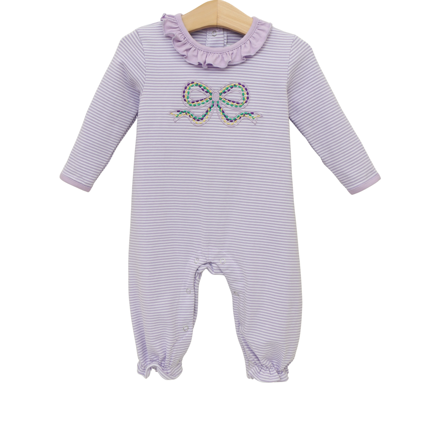 MOQ 5 PCS preorder LR2980 Mardi Gras Bow Ruffle Purple Stripe Long-Sleeved Girls Romper 202512