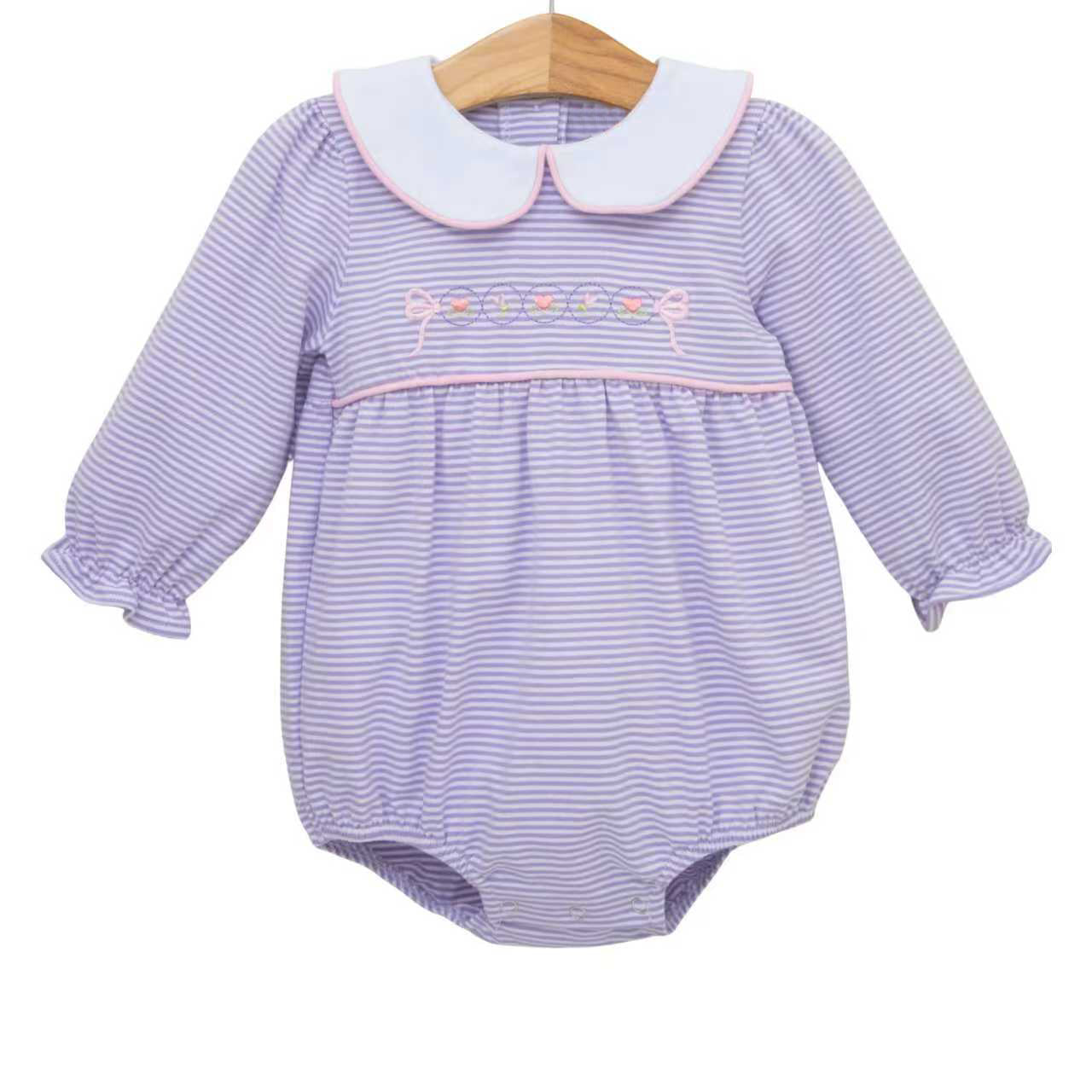 MOQ 5 PCS preorder LR2981 Valentines Day Love Bow Doll Collar Purple Stripe Long-Sleeved Girls Bubble Romper 202512