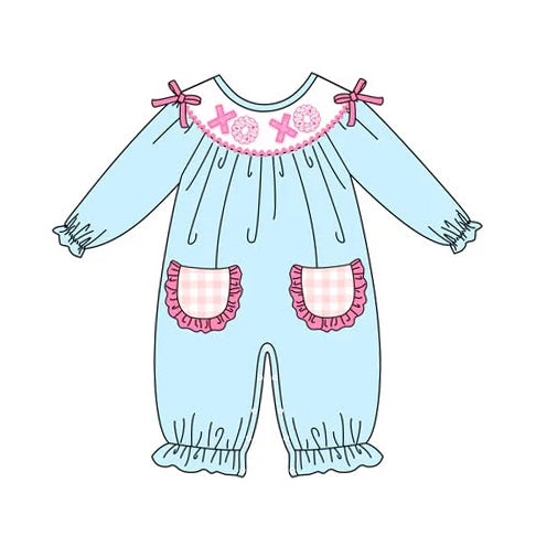 MOQ 5 PCS preorder LR2983 Valentines Day XOXO Rose Red Ruffle Pocket Blue Long-Sleeved Girls Romper 202512