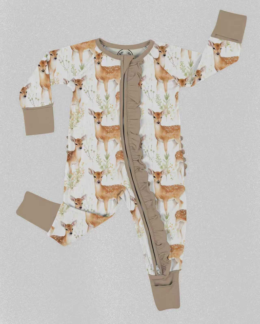MOQ 5 PCS preorder LR2988 Deer Hunting Khaki Ruffle Zip Long-Sleeved Girls Romper 202512