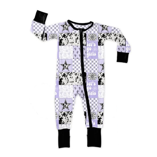 MOQ 5 PCS preorder LR2989 Let's Go Girls Cactus Plaid Five-Pointed Star Plaid Black Zip Purple Long Sleeve Girls Romper 202512