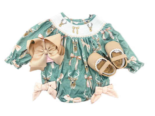 MOQ 5 PCS preorder LR2994 Deer Hunting Bows Green Long Sleeve Girls Bubble Romper 202601