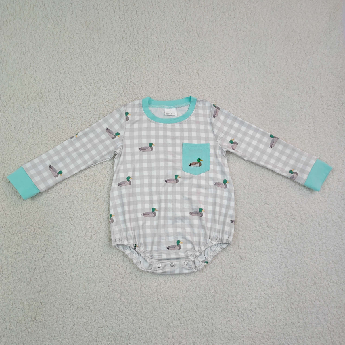 LR3000 Embroidered Ducks Pattern Gray Plaid Light Blue O-Neck Long Sleeve Boys Bubble Romper 202608 RTS