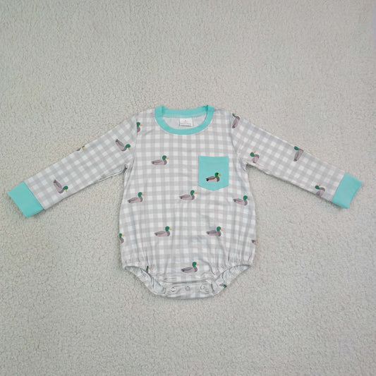 LR3000 Embroidered Ducks Pattern Gray Plaid Light Blue O-Neck Long Sleeve Boys Bubble Romper 202608 RTS