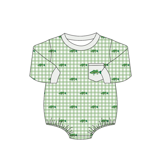 MOQ 5 PCS preorder LR3001 Fish Pattern Green Plaid Gray O-Neck Long Sleeve Boys Bubble Romper 202604