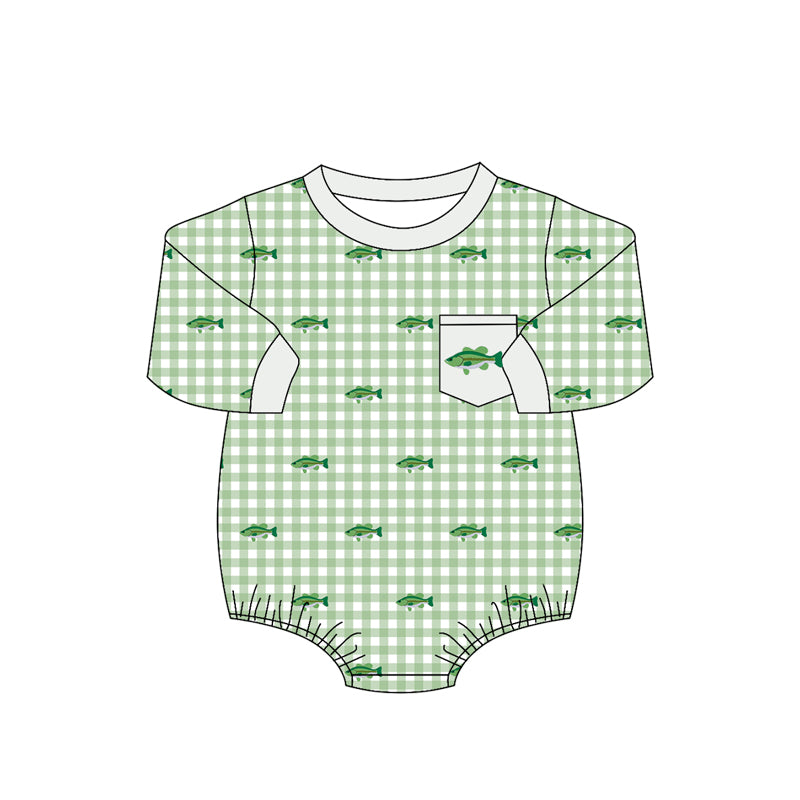 MOQ 5 PCS preorder LR3001 Fish Pattern Green Plaid Gray O-Neck Long Sleeve Boys Bubble Romper 202604