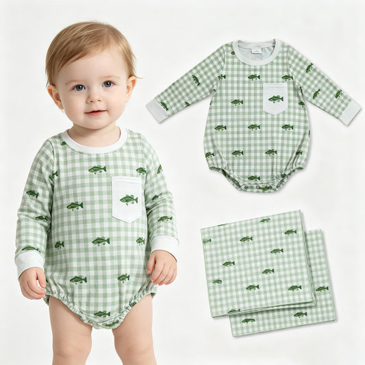 LR3001 Fish Pattern Green Plaid Gray O-Neck Long Sleeve Boys Bubble Romper 202607 RTS