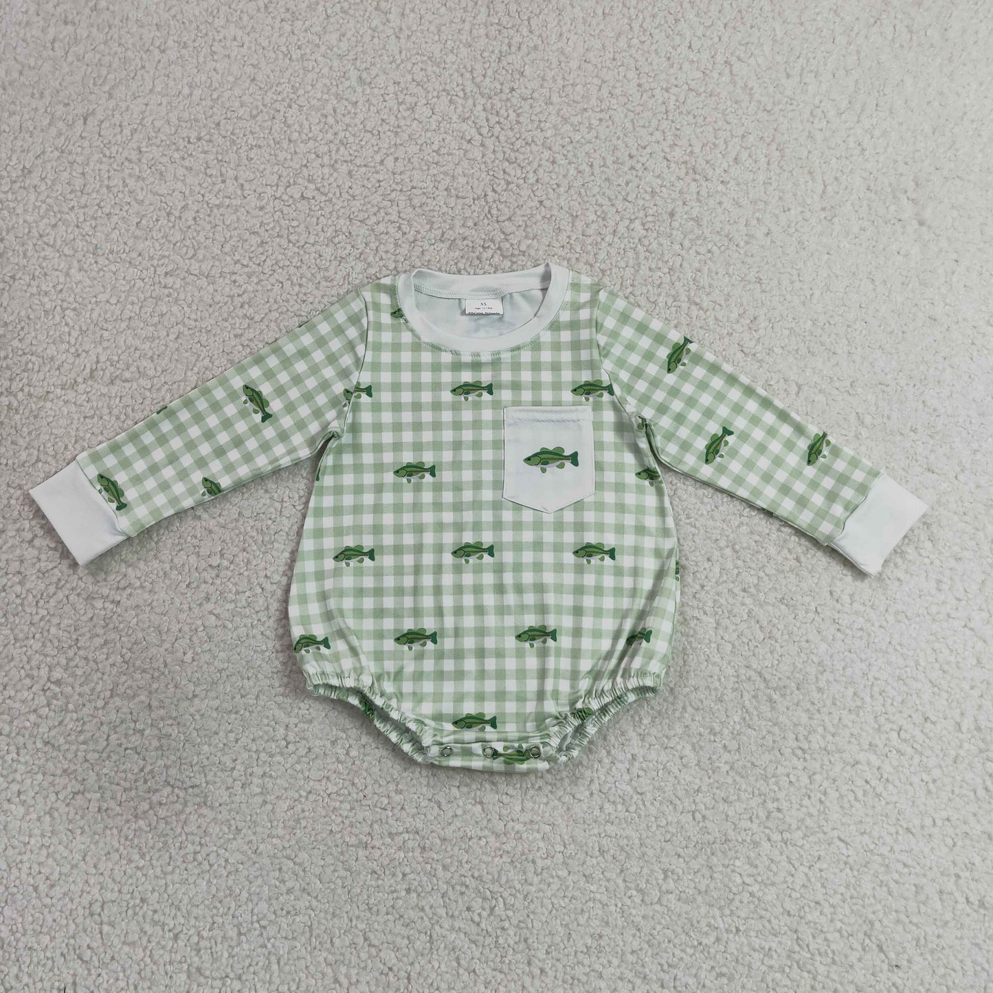 LR3001 Fish Pattern Green Plaid Gray O-Neck Long Sleeve Boys Bubble Romper 202607 RTS