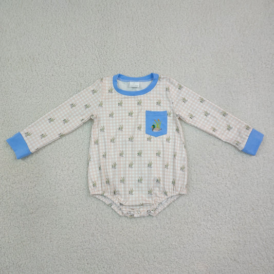 LR3002 Embroidered Duck Pattern Khaki Plaid Gray Blue O-Neck Long Sleeve Boys Bubble Romper 202608 RTS