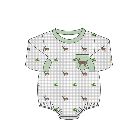 MOQ 5 PCS preorder LR3003 Deer Pattern Gray Plaid Green O-Neck Long Sleeve Boys Bubble Romper 202604