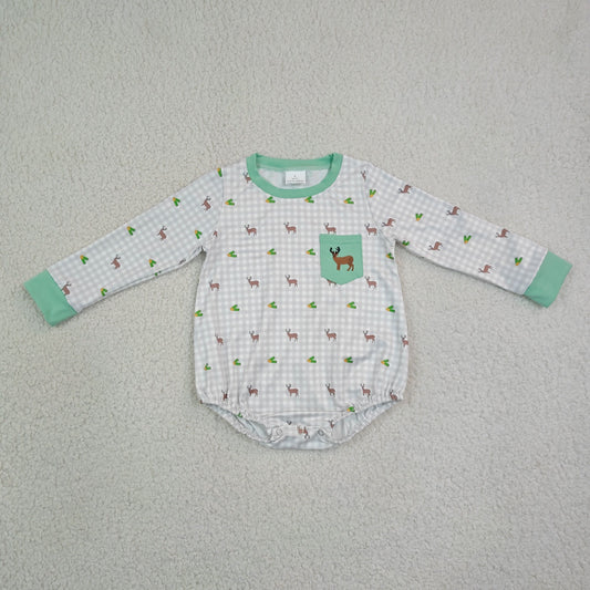 LR3003 Embroidered Deer Pattern Gray Plaid Green O-Neck Long Sleeve Boys Bubble Romper 202608 RTS