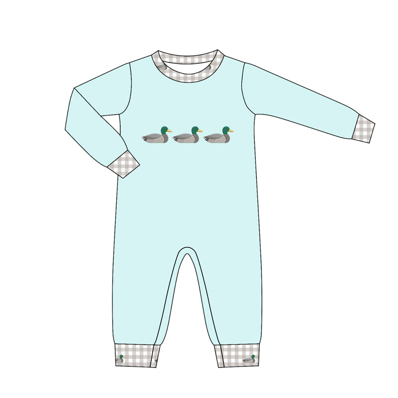 MOQ 5 PCS preorder LR3005 Ducks Pattern Gray Plaid O-Neck Light Blue Long Sleeve Boys Romper 202604