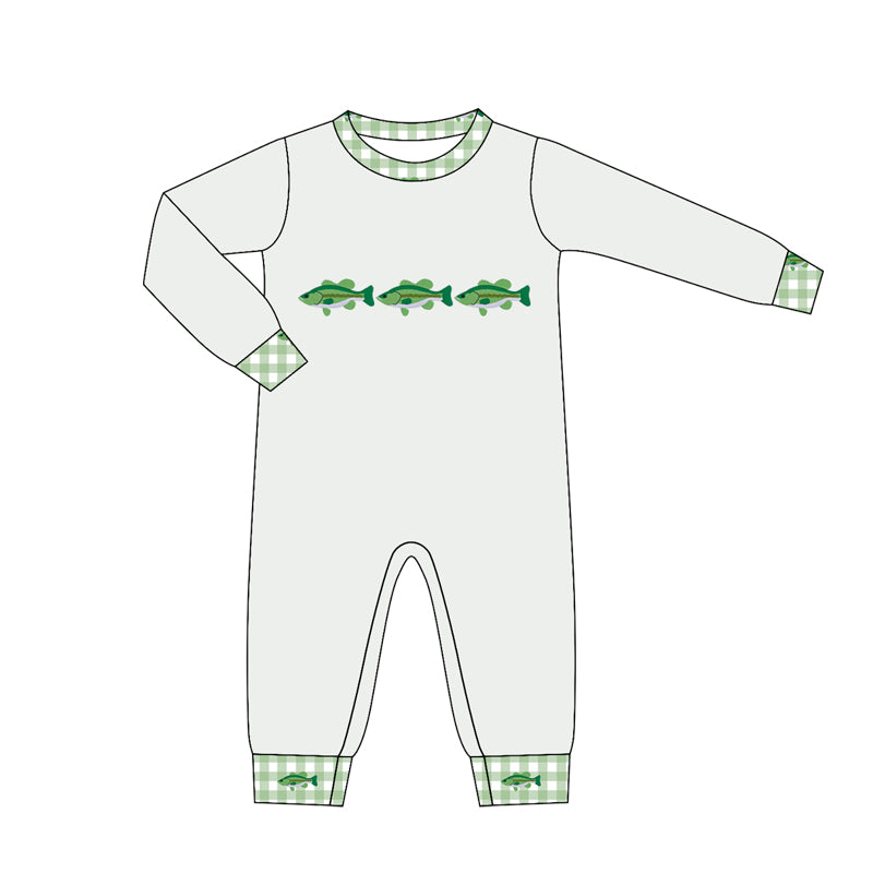 MOQ 5 PCS preorder LR3006 Fish Pattern Green Plaid O-Neck Gray Long Sleeve Boys Romper 202604