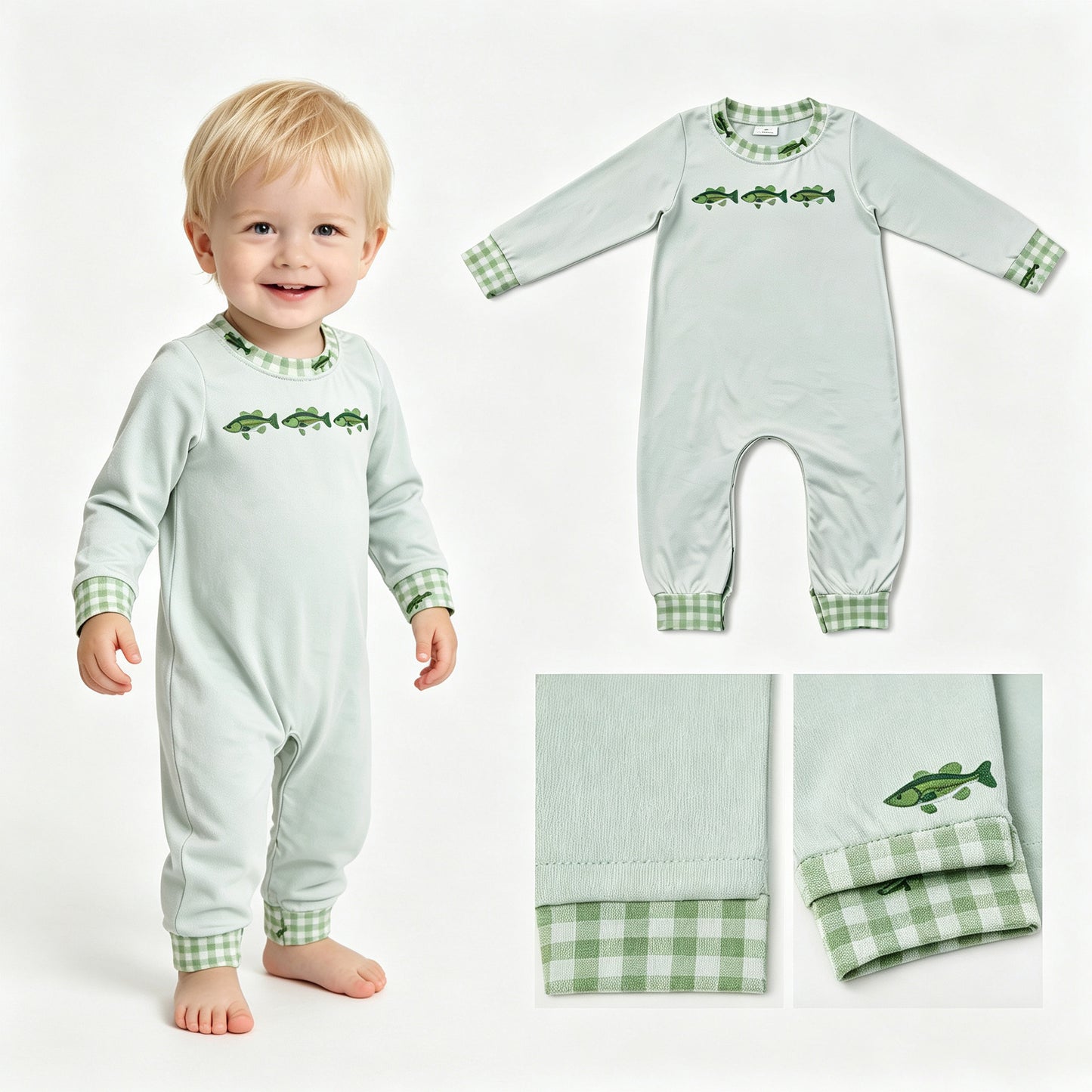 LR3006 Fish Pattern Green Plaid O-Neck Gray Long Sleeve Boys Romper 202607 RTS