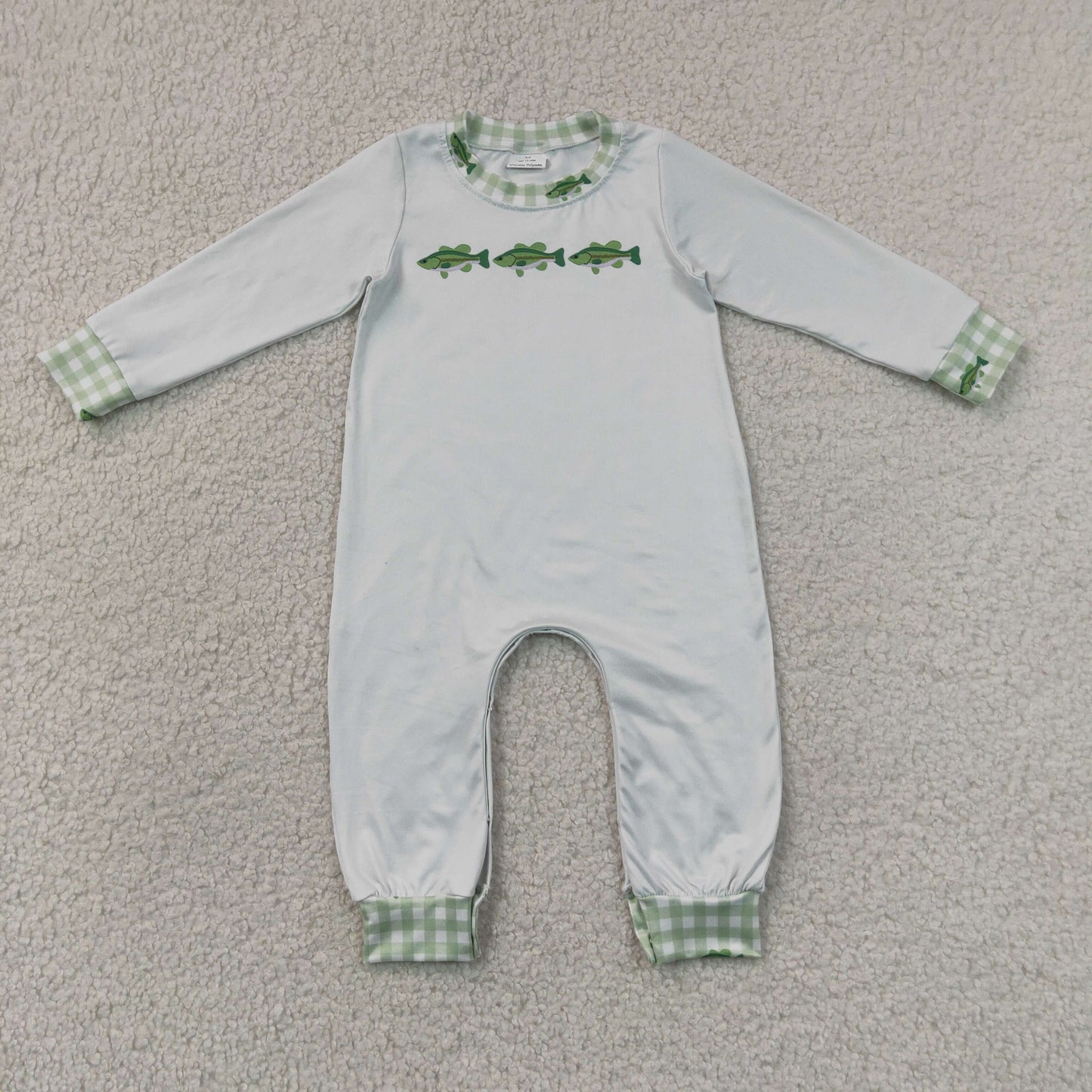LR3006 Fish Pattern Green Plaid O-Neck Gray Long Sleeve Boys Romper 202607 RTS