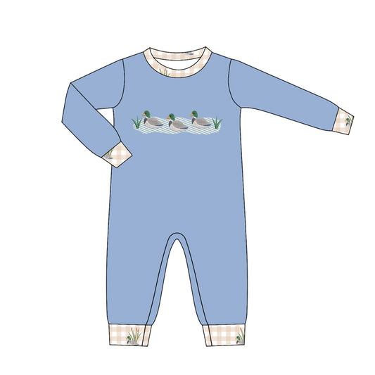 MOQ 5 PCS preorder LR3007 Ducks Pattern Gray Blue Plaid O-Neck Khaki Long Sleeve Boys Romper 202604