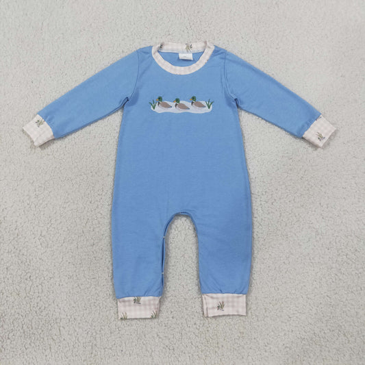 LR3007 Embroidered Ducks Pattern Gray Blue Plaid O-Neck Khaki Long Sleeve Boys Romper 202608 RTS