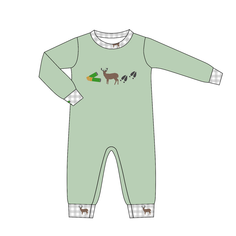 MOQ 5 PCS preorder LR3008 Deer Hunting Gray Plaid O-Neck Green Long Sleeve Boys Romper 202604