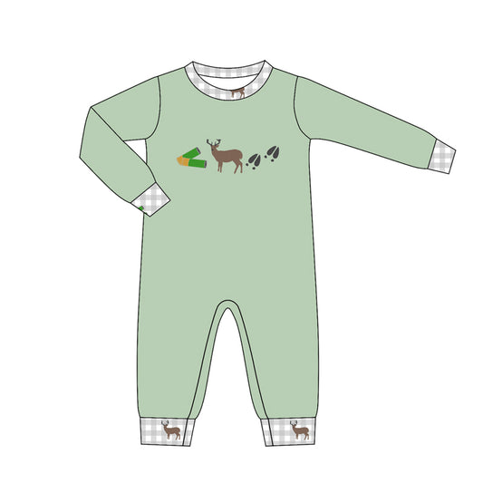 MOQ 5 PCS preorder LR3008 Deer Hunting Gray Plaid O-Neck Green Long Sleeve Boys Romper 202604