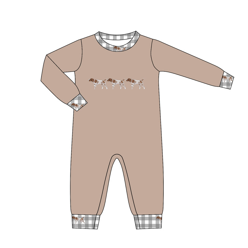 MOQ 5 PCS preorder LR3009 Puppy Pattern Gray Plaid O-Neck Brown Long Sleeve Boys Romper 202604