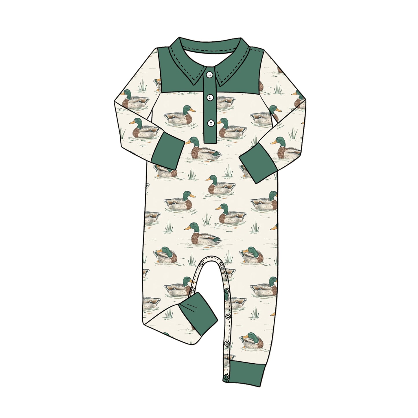 MOQ 5 PCS preorder LR3010 Duck Hunting Dark Green Buttons Polo Long Sleeve Boys Romper 202604
