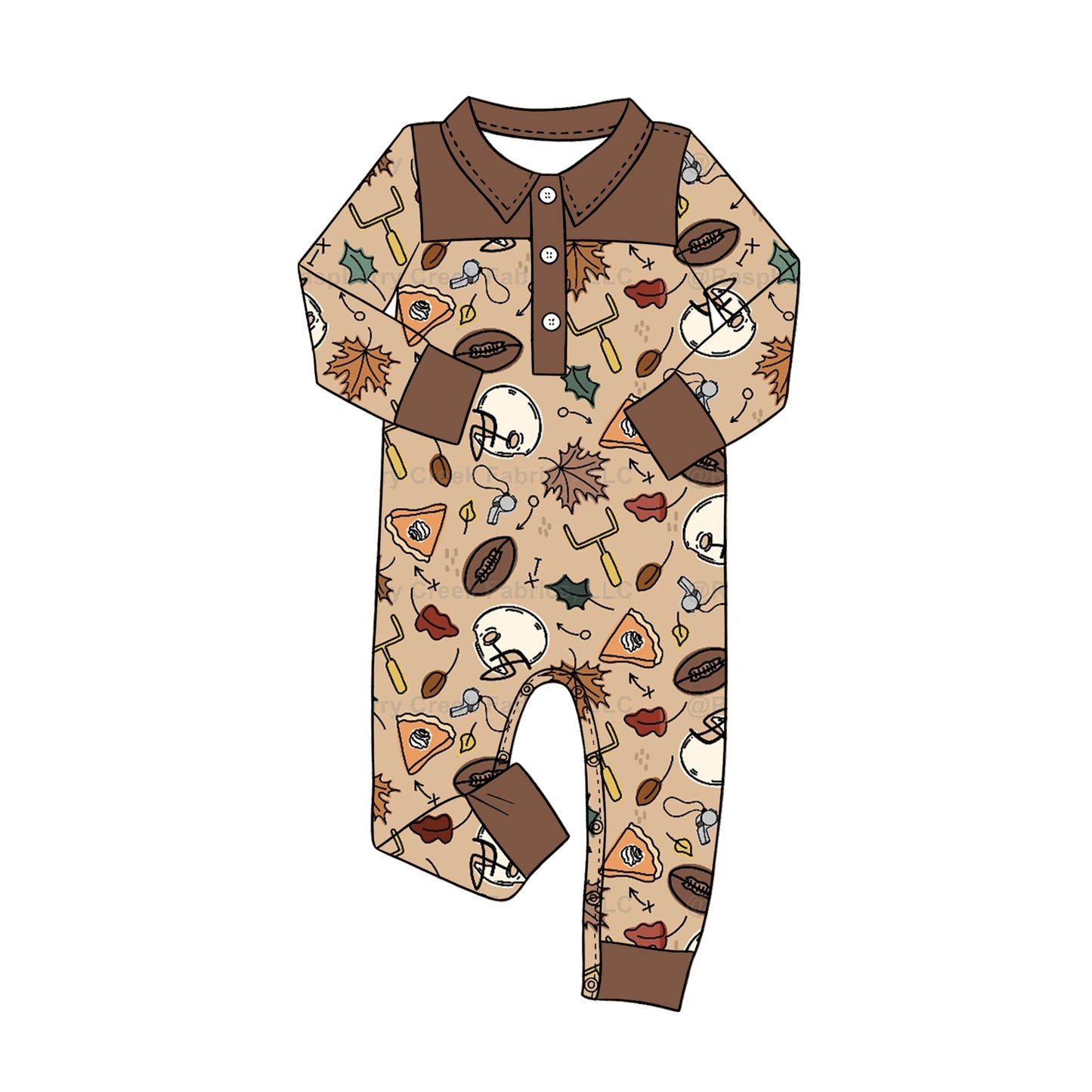 MOQ 5 PCS preorder LR3011 Rugby Leaf Whistle Brown Buttons Polo Long Sleeve Boys Romper 202604