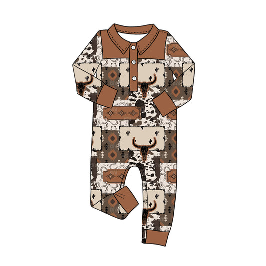 MOQ 5 PCS preorder LR3012 Highland Cow Brown Buttons Polo Long Sleeve Boys Romper 202604