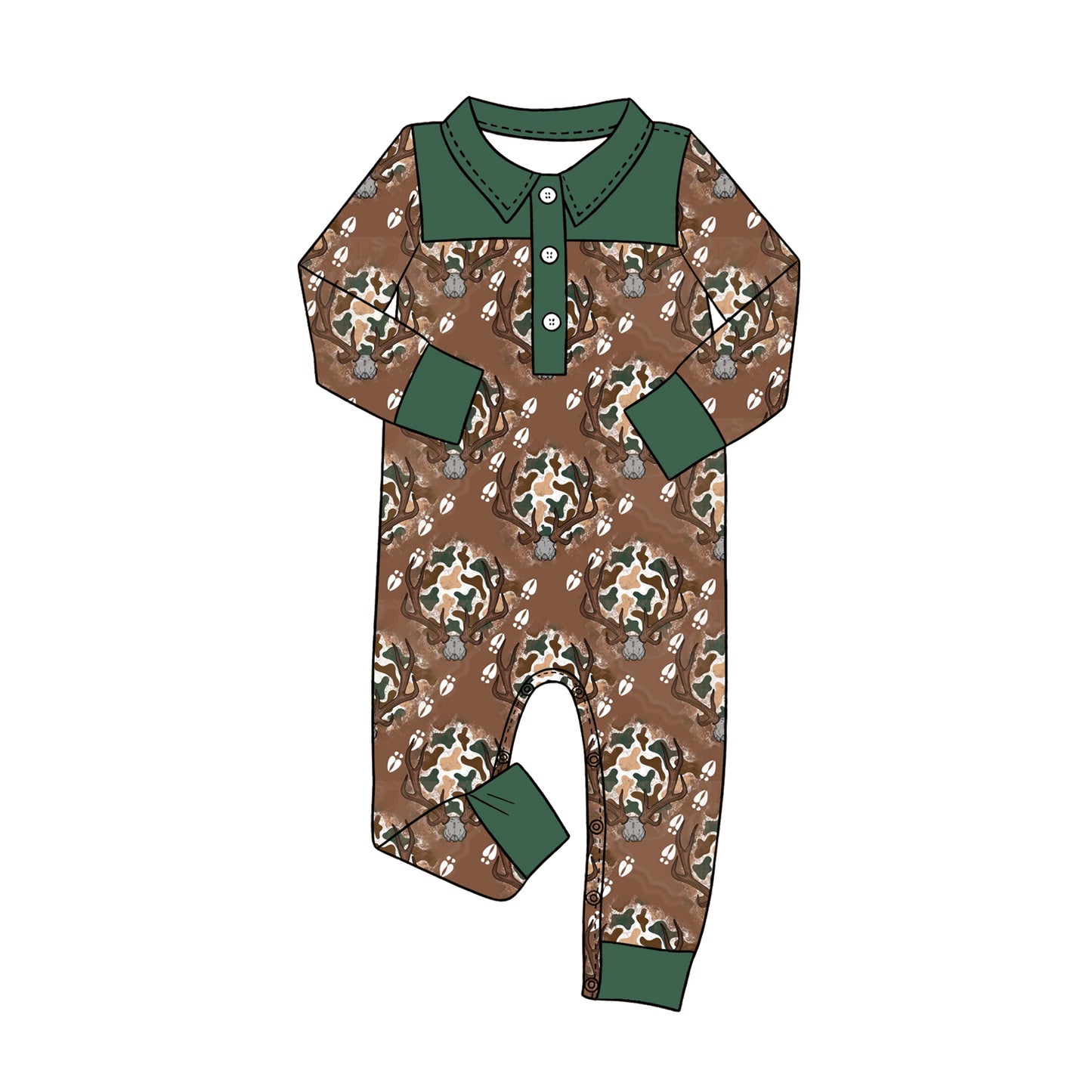 MOQ 5 PCS preorder LR3013 Deer Hunting Dark Green Buttons Polo Long Sleeve Boys Romper 202604