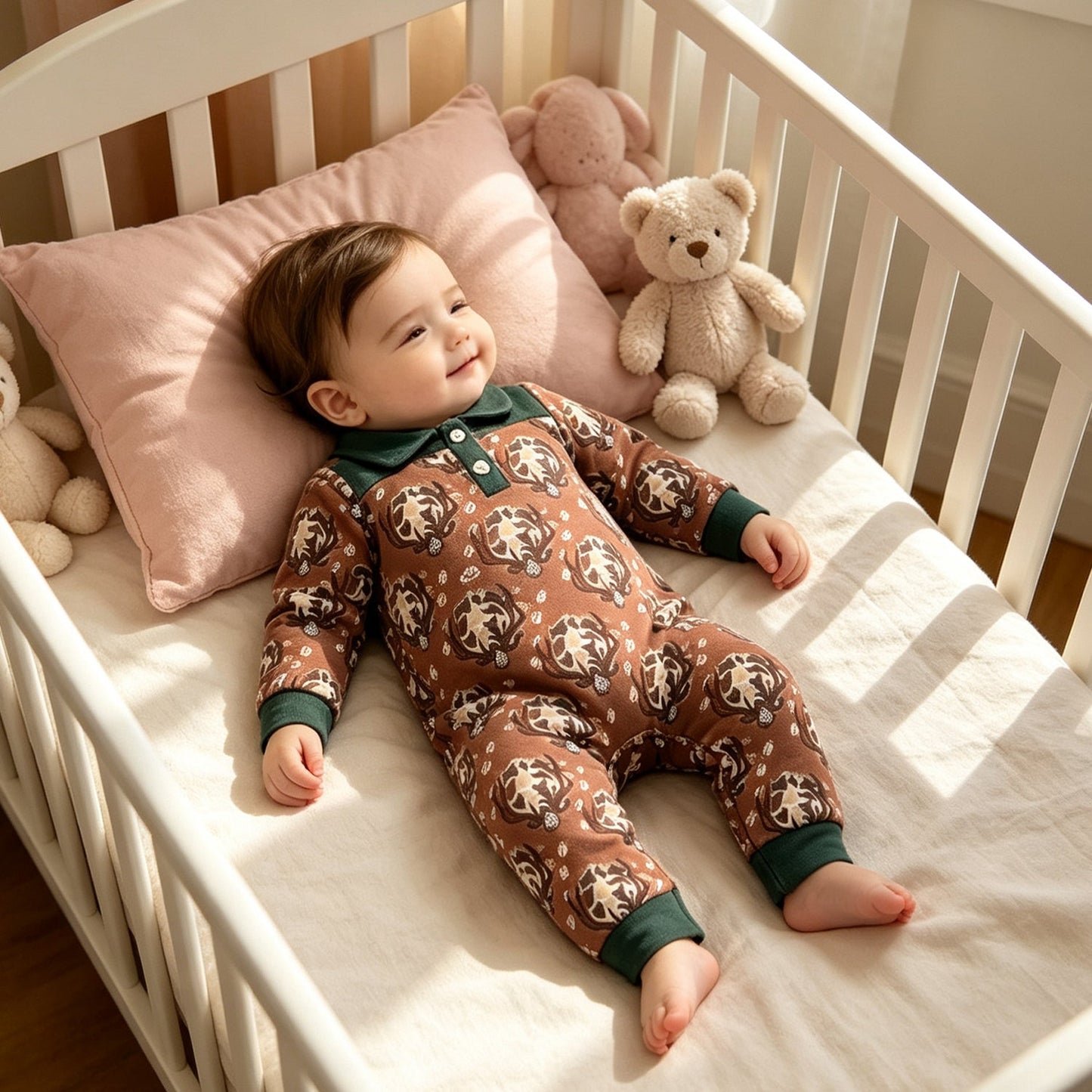 LR3013 Hunting Deer Camo Green Polo Baby Boys Romper