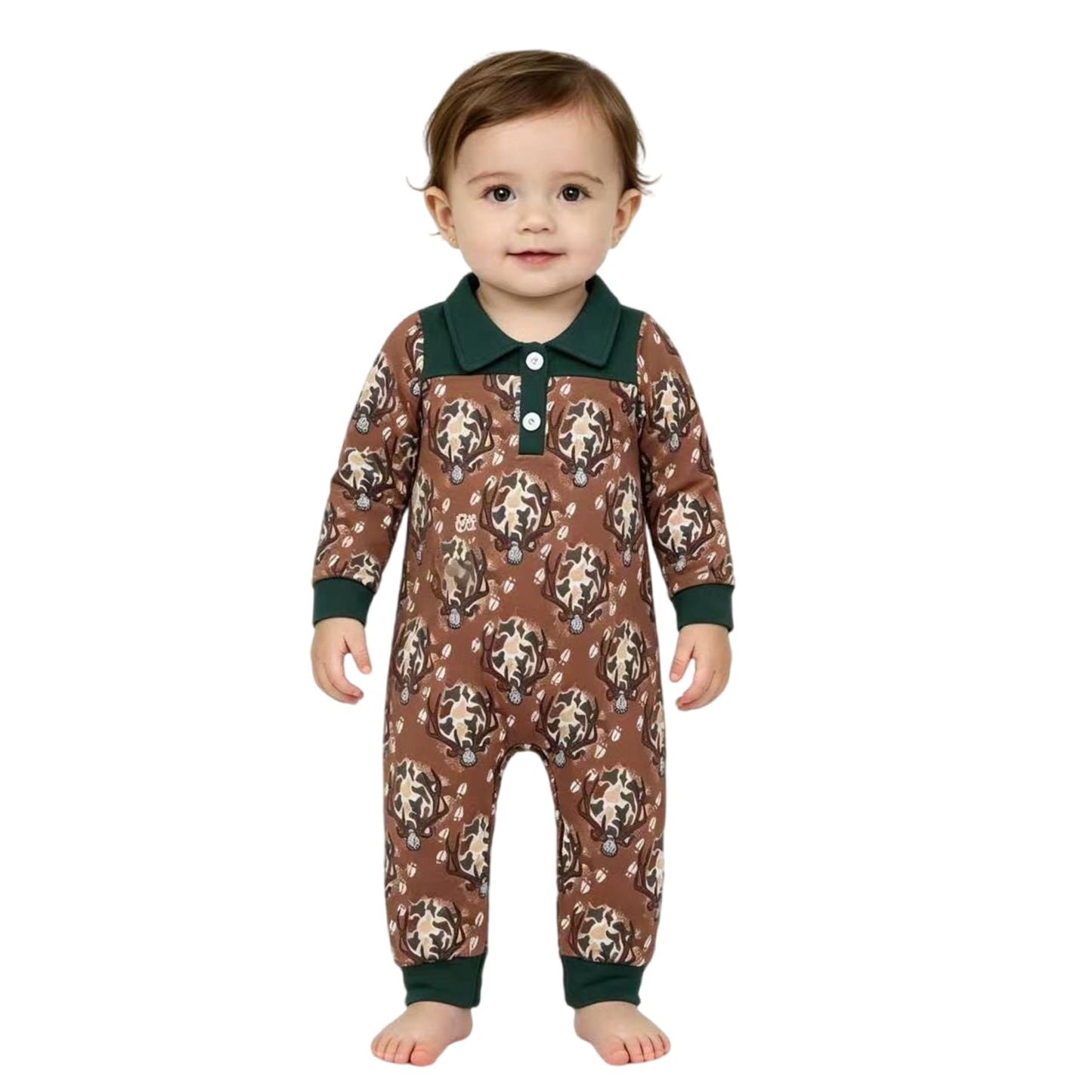 LR3013 Hunting Deer Camo Green Polo Baby Boys Romper