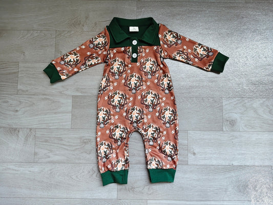 NO MOQ preorder LR3013 Deer Hunting Dark Green Buttons Polo Long Sleeve Boys Romper 202607