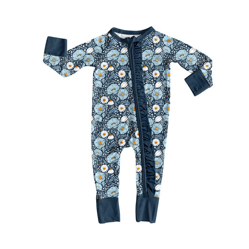 MOQ 5 PCS preorder LR3015 Flower Navy Ruffle Zip Long Sleeve Girls Romper 202604