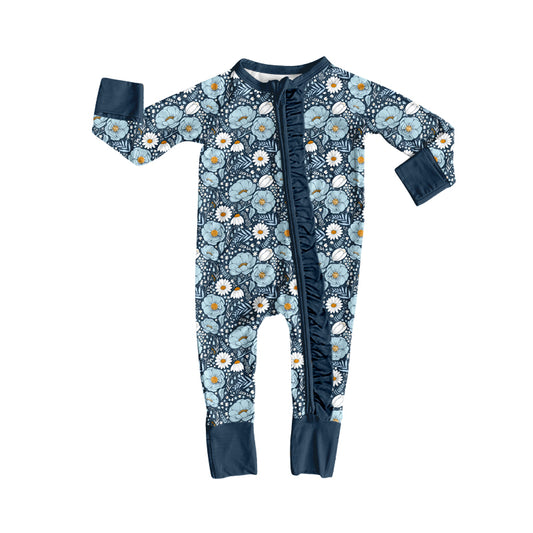 MOQ 5 PCS preorder LR3015 Flower Navy Ruffle Zip Long Sleeve Girls Romper 202604