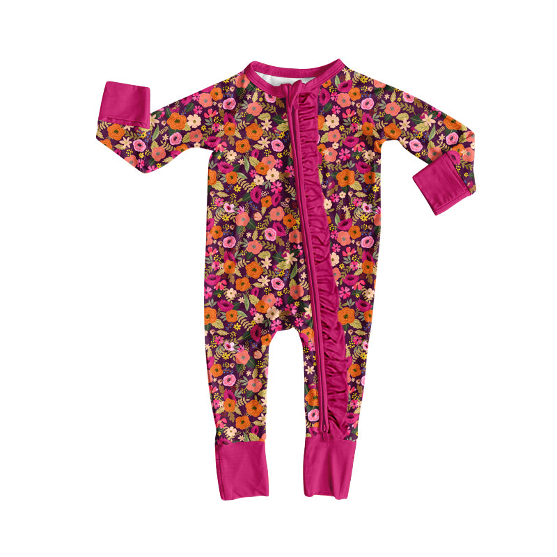 MOQ 5 PCS preorder LR3016 Flower Rose Red Ruffle Zip Long Sleeve Girls Romper 202604