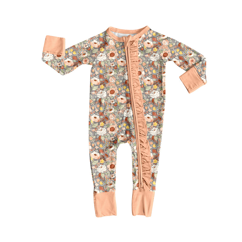 MOQ 5 PCS preorder LR3018 Flower Orange Pink Ruffle Zip Long Sleeve Girls Romper 202604
