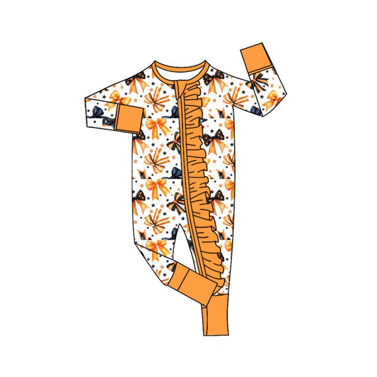 MOQ 5 PCS preorder LR3020 Halloween Bows Star Orange Ruffle Zip Long Sleeve Girls Romper 202604