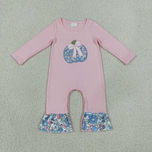 LR3021 Embroidery Pumpkin Bows Flower Purple Baby Girls Romper 202609 RTS
