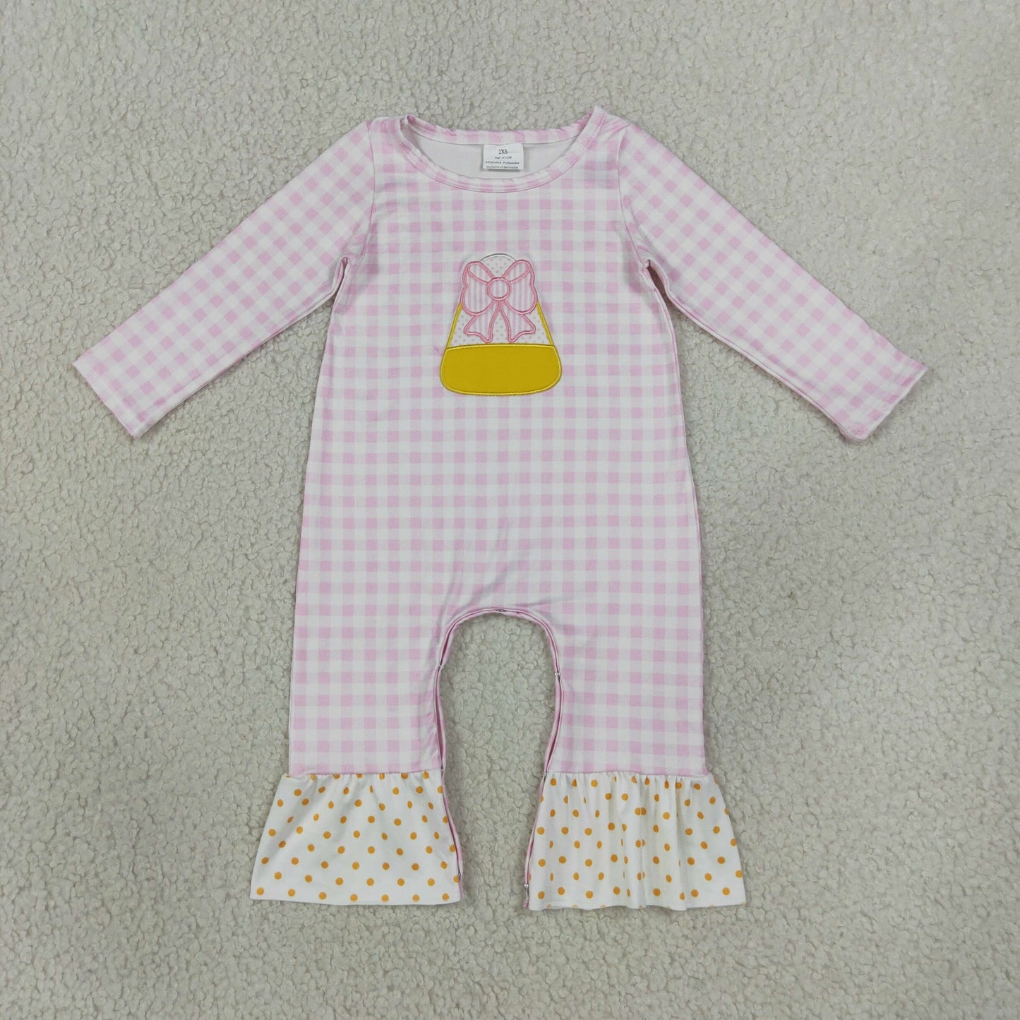 LR3022 Embroidery Candy Corn Bows Pink Plaid Dots Baby Girls Romper 202609 RTS