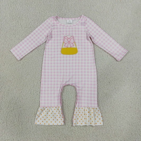 LR3022 Embroidery Candy Corn Bows Pink Plaid Dots Baby Girls Romper 202609 RTS